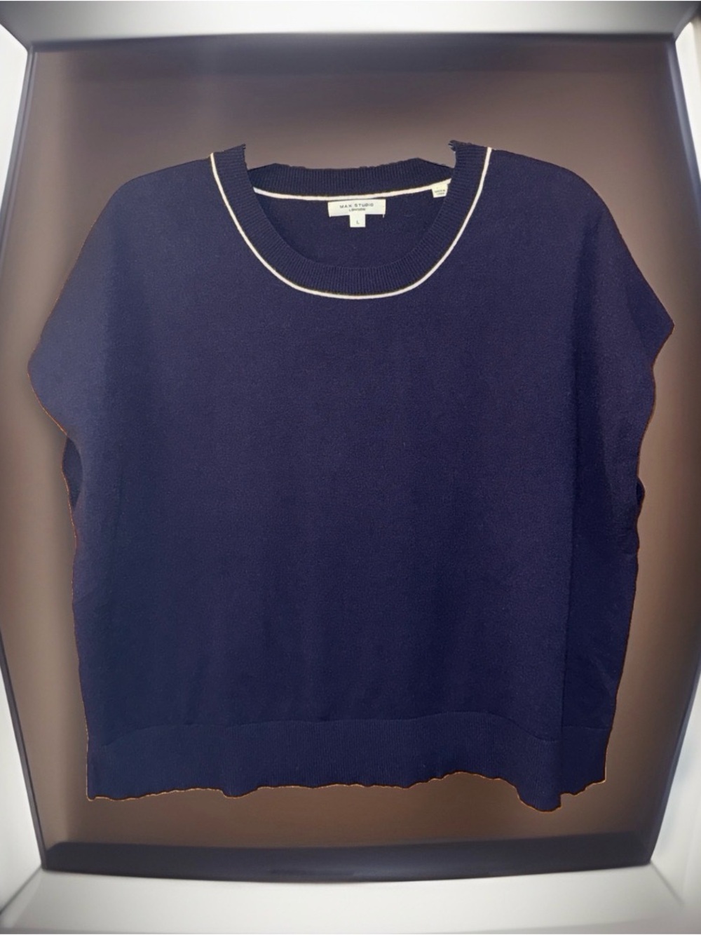 Max Studio Navy Knit Crewneck Sweater with White Trim & Short Sleeve-L-EC